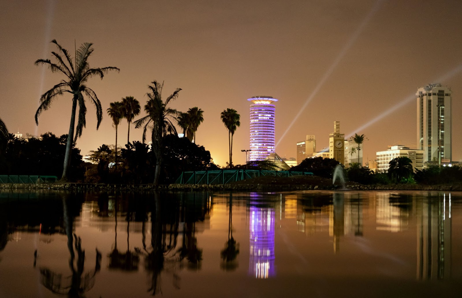 picture of the landscape of Nairobi, with a lake and palm trees and buildings