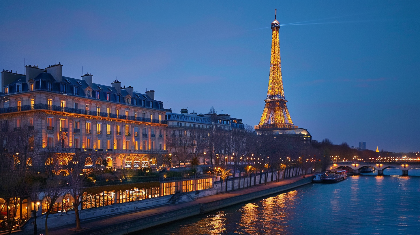 A luxury hotel by the Seine River with a sight of the Eiffel Tower.