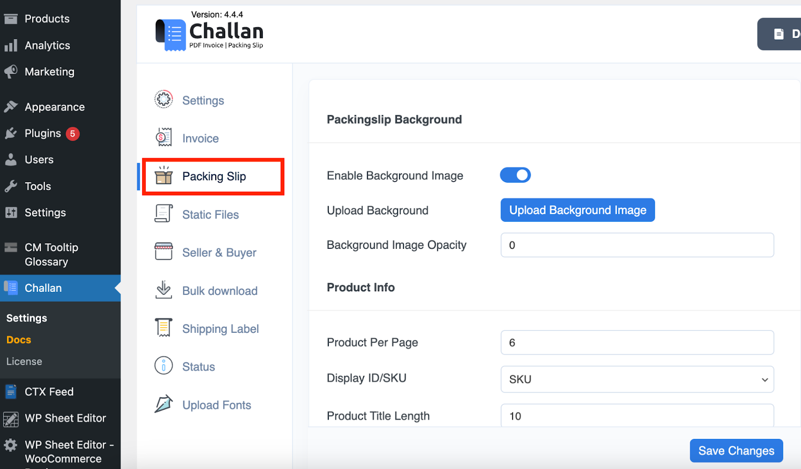 packing slip settings