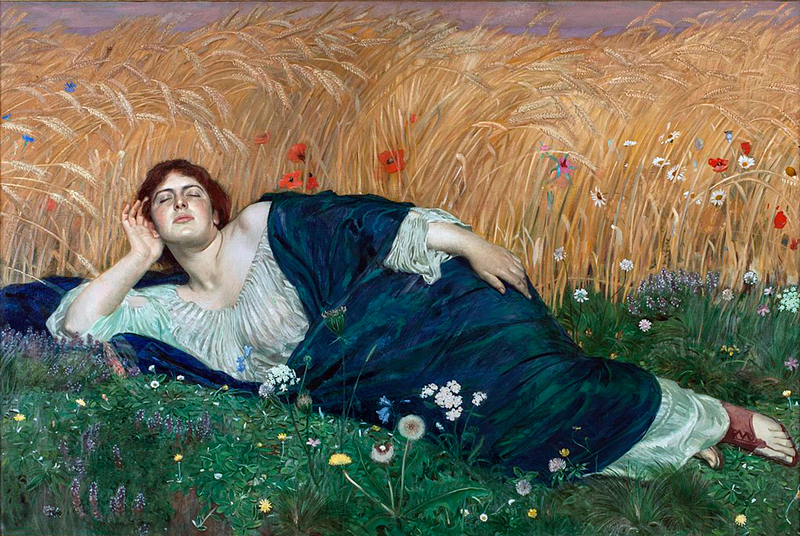 The depiction portrays Proserpina lying on the grass, basking in the sun's warm rays, with an expansive field in the background.