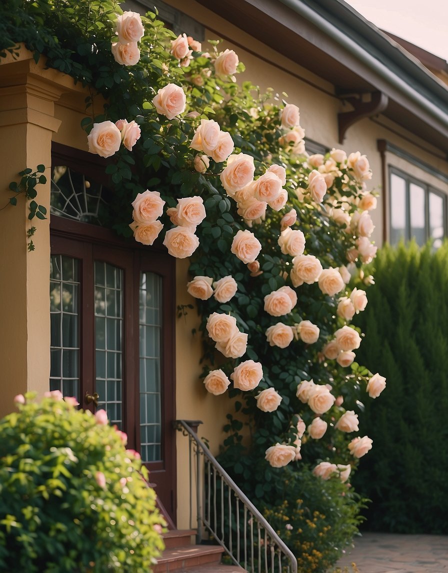 21 rose bushes line the front of a house, varying in height and color, creating a beautiful and vibrant display