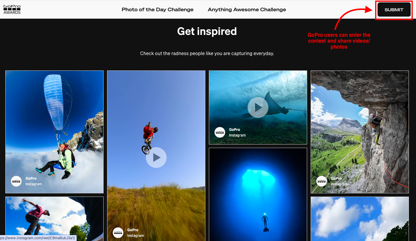A screen capture of GoPro' Award website
