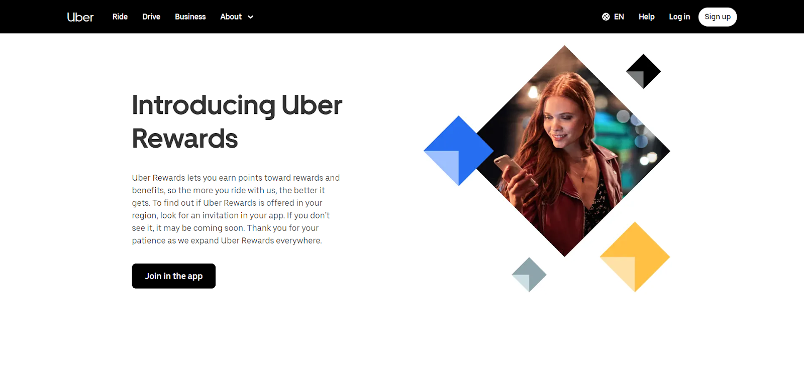 A screenshot of Uber: Uber Rewards' website