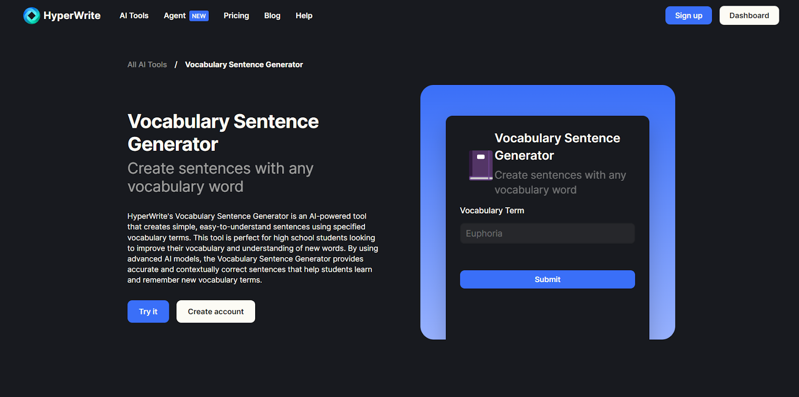 HyperWriteAI Vocabulary Sentence Generator