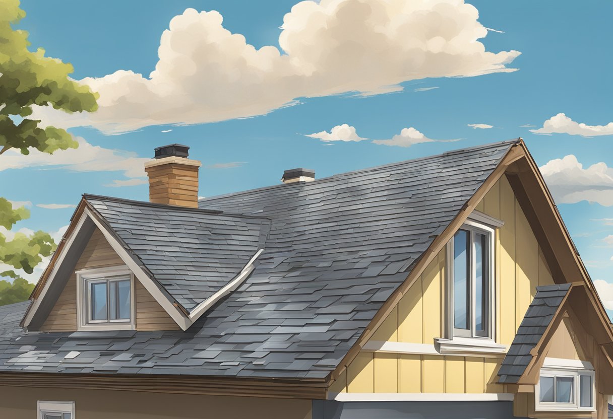 The scene depicts various roofing materials such as shingles, tiles, and metal sheets. Tools like hammers, nails, and roof sealant are also present. The setting is a rooftop with a clear sky in the background