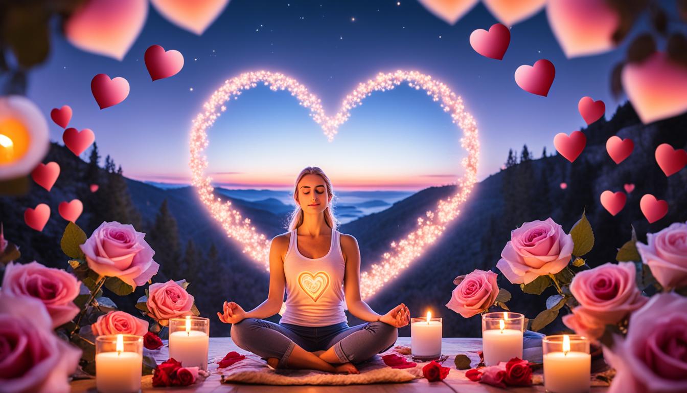 A person meditating with a heart-shaped aura surrounding them, filled with images of love and romance, such as roses, candlelight dinners, and couples holding hands. In the background, a full moon shines brightly, illuminating the scene with a soft and romantic glow.