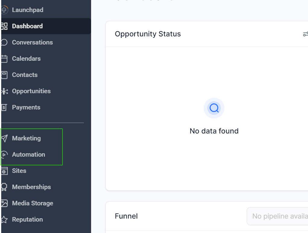 The Marketing and Automation tabs in Go High Level