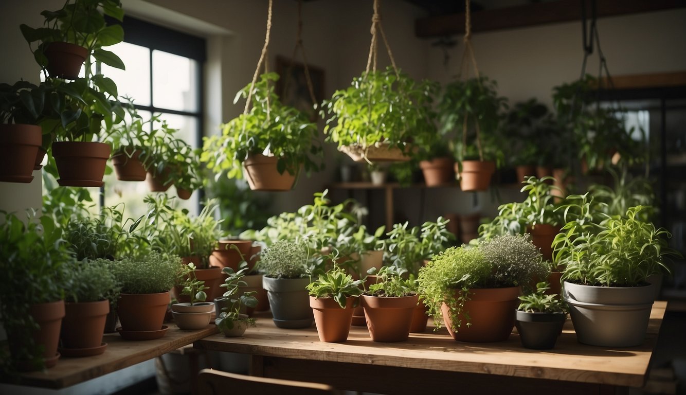 Lush green plants fill a well-lit room, arranged in various pots and hanging baskets. A small table holds tools and supplies for advanced gardening techniques