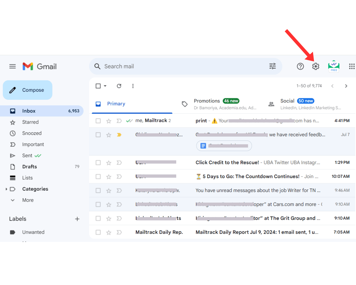 Steps for setting up a Gmail account for follow-up reminders - after opening your Gmail, click Settings
