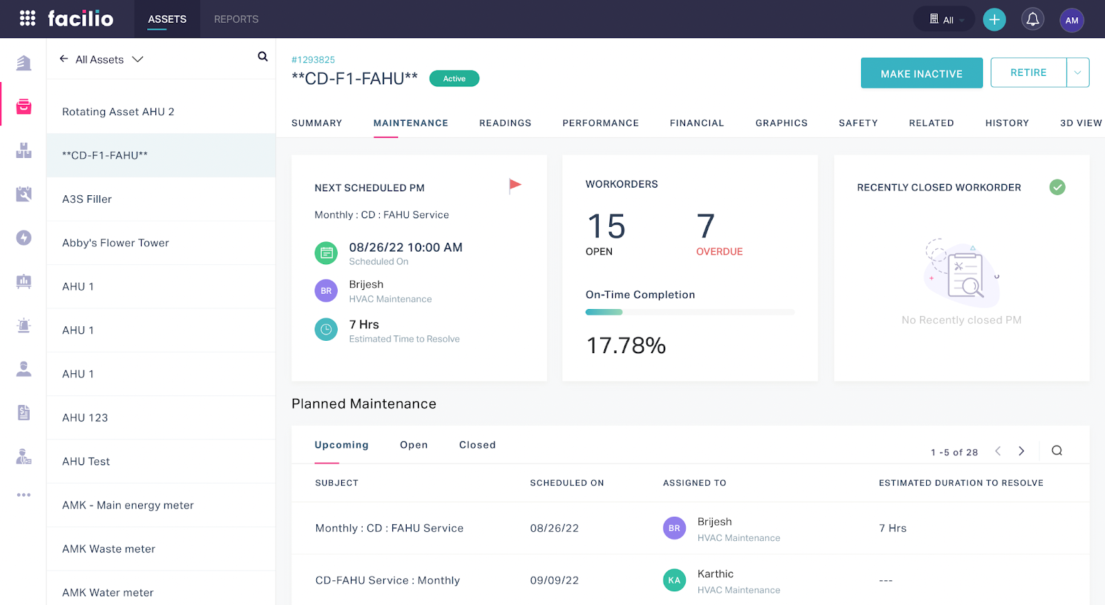 Facilio's PM history shows pending and closed work orders with an expected duration