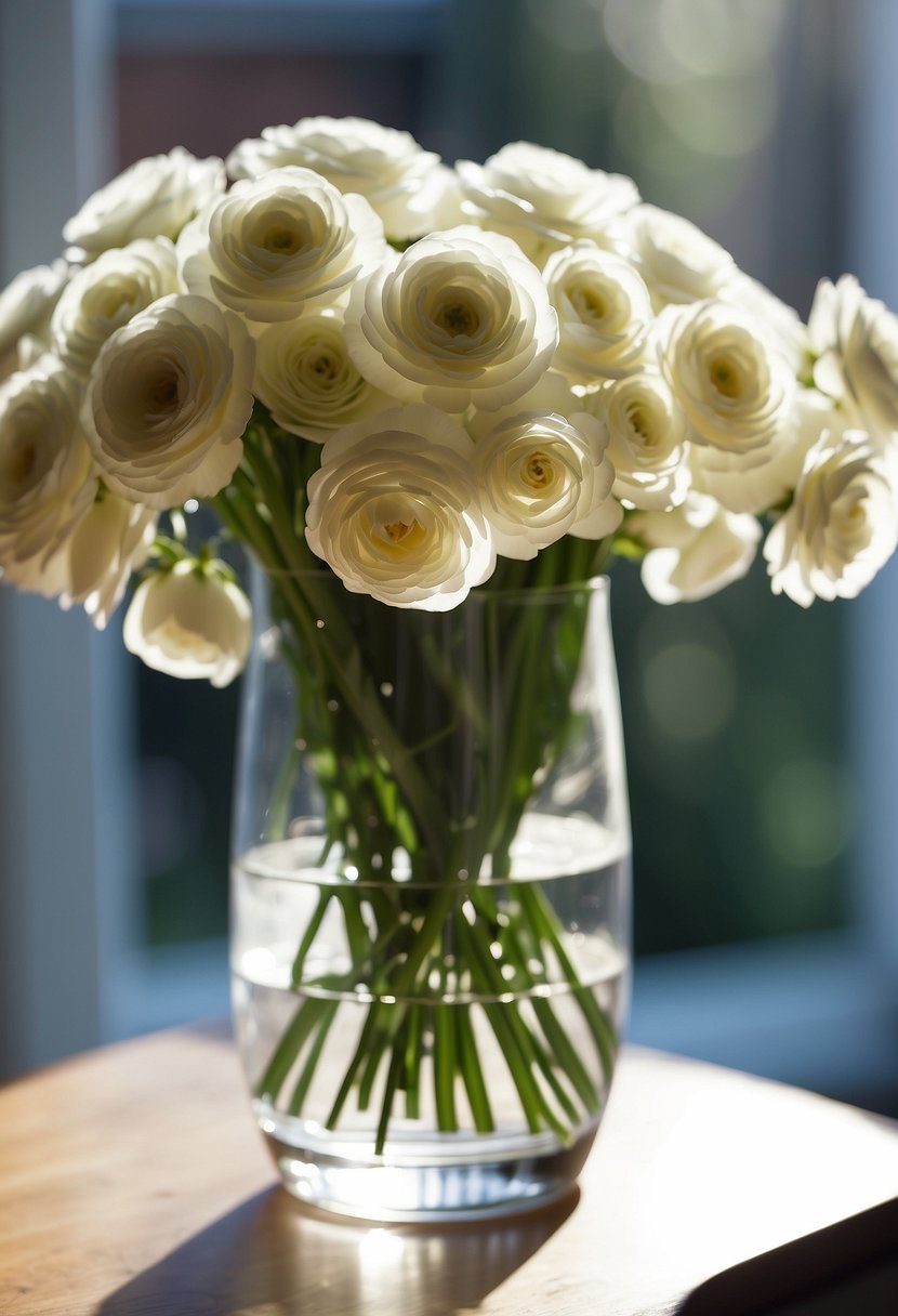 A cluster of white Ranunculus 31 flowers in a glass vase on a sunny windowsill