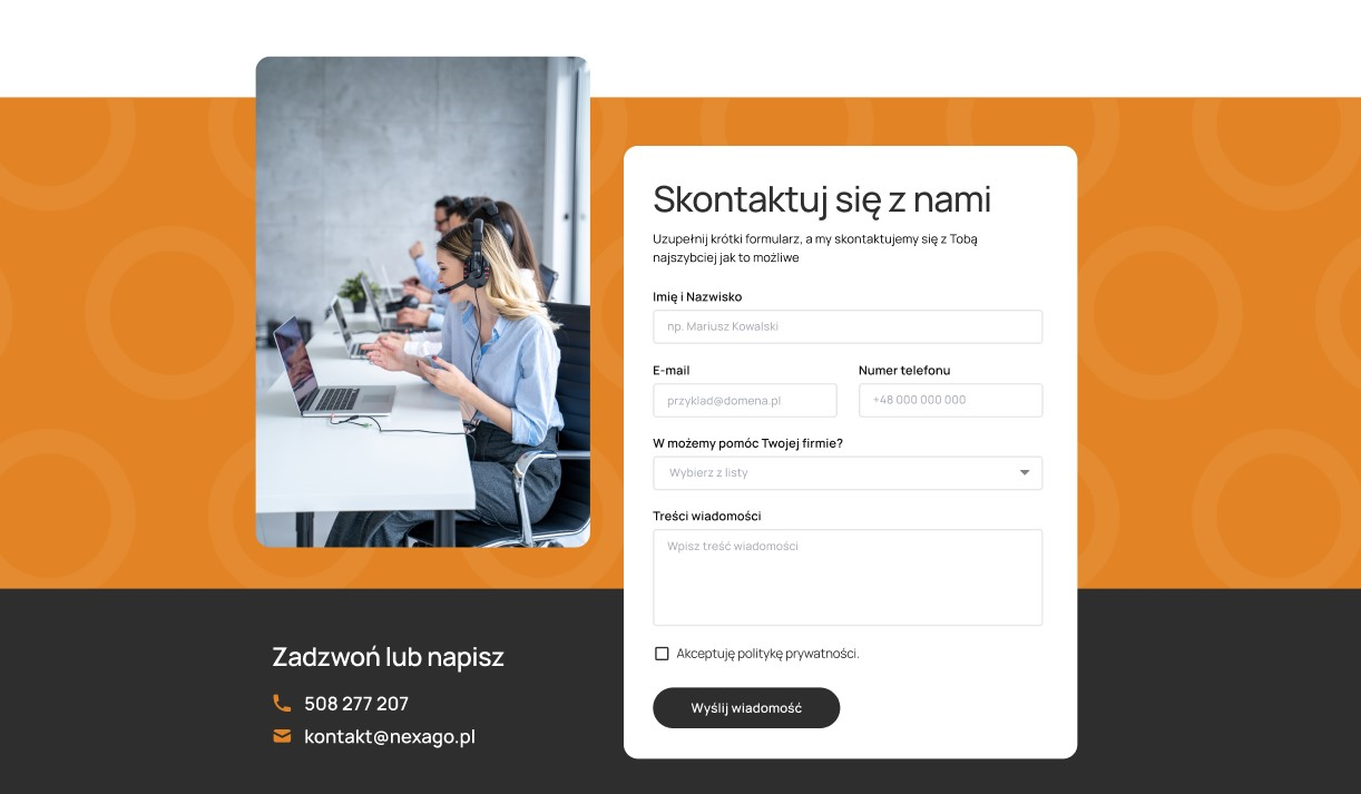 Formularz kontaktowy na stronie internetowej firmy Nexago