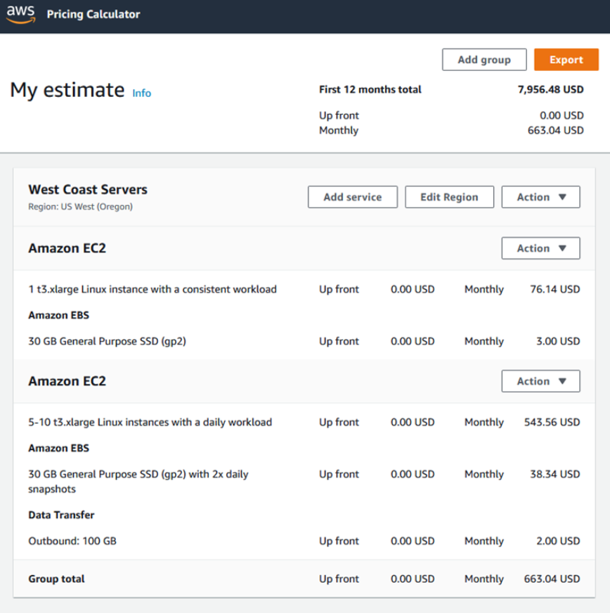 Estimate summary showing monthly and upfront costs for selected AWS services. 