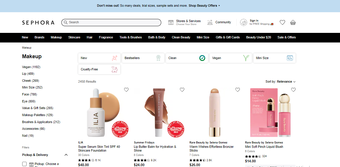 sephora product listing on website