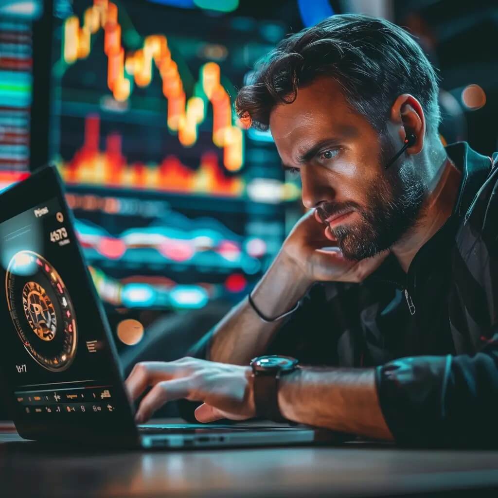un operador de criptomonedas mira su reloj con frustración mientras los precios suben en la pantalla de su portátil