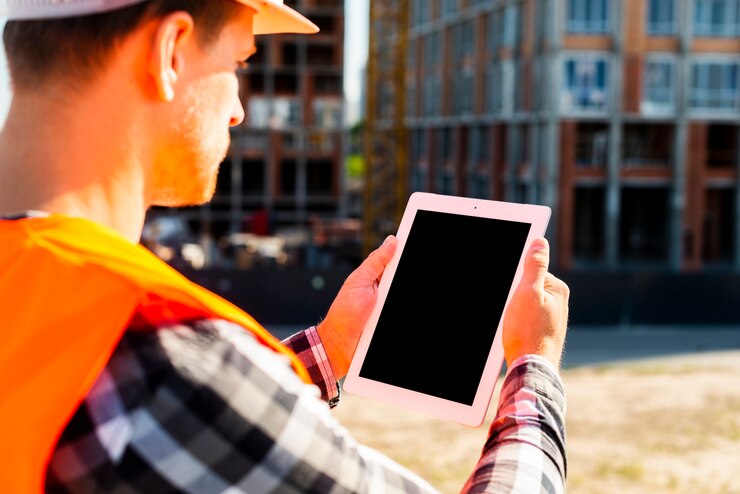 Construction project manager using tablet while working on site