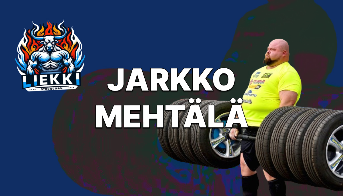 Jarkko Mehtälä nostamassa renkaita sekä hänen Liekki logonsa.