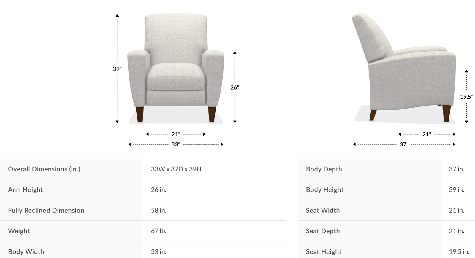 scarlett high leg reclining chair size and dimensions