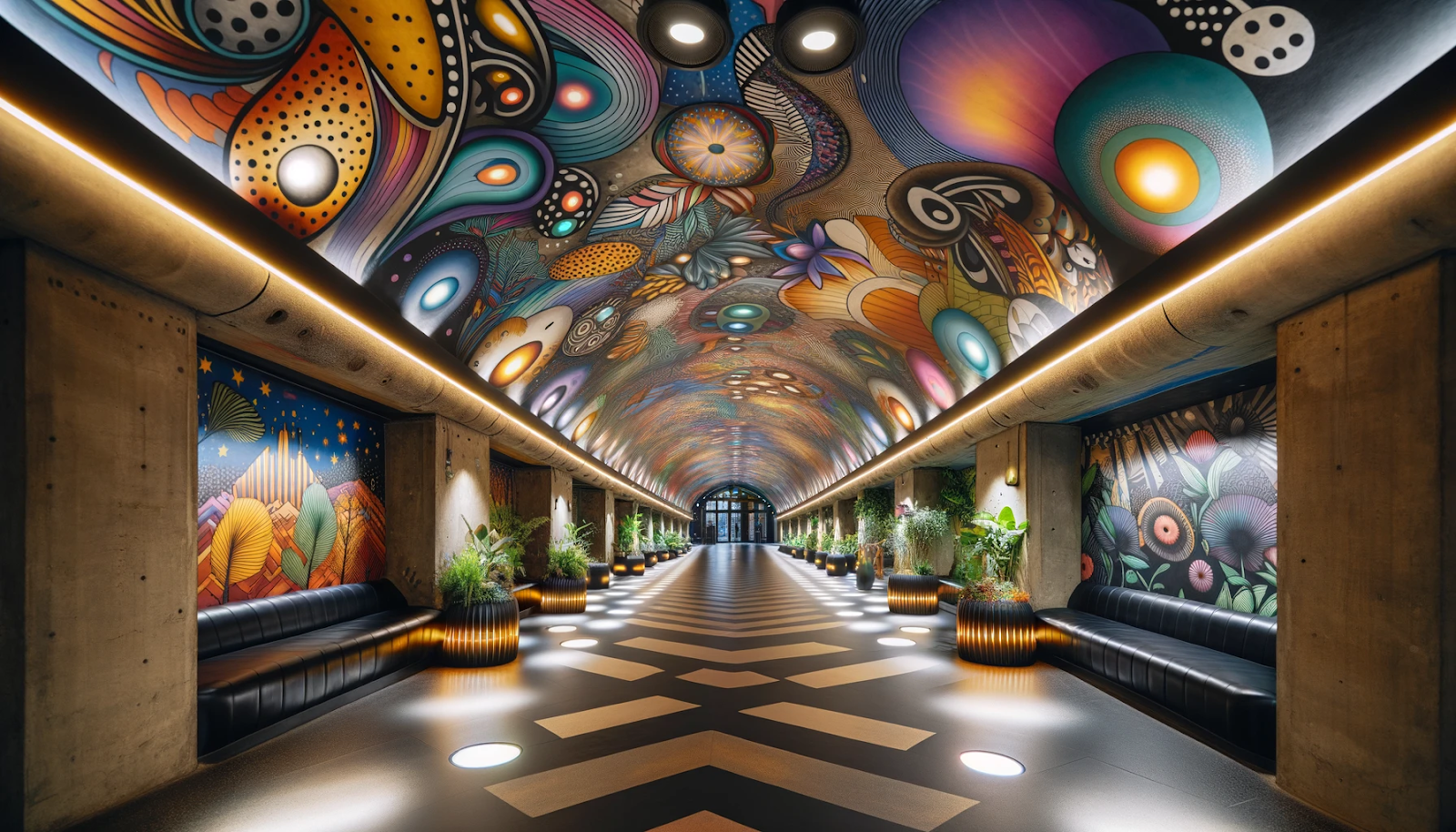 a long hallway with a colorful ceiling