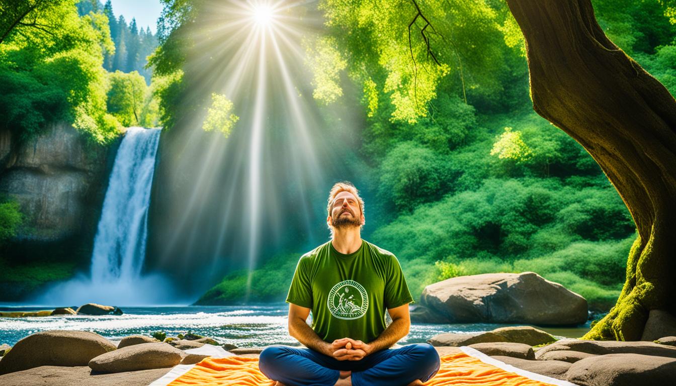 A person sitting cross-legged on a blanket, surrounded by lush green trees and a flowing river. The person's eyes are closed and their face is calm and peaceful as they meditate under a bright sun, with rays peeking through the trees. In the distance, there is a sparkling waterfall that adds to the tranquility of the scene. The Lions Gate Portal energy is amplified through the connection to nature, and symbols of abundance, such as blooming flowers and ripe fruits, can be seen scattered throughout the landscape.