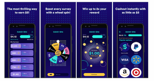 The Survey Spin website dispalying different screens in the app, including survey selections, a wheel spin for extra money, available cashout methods, and more.