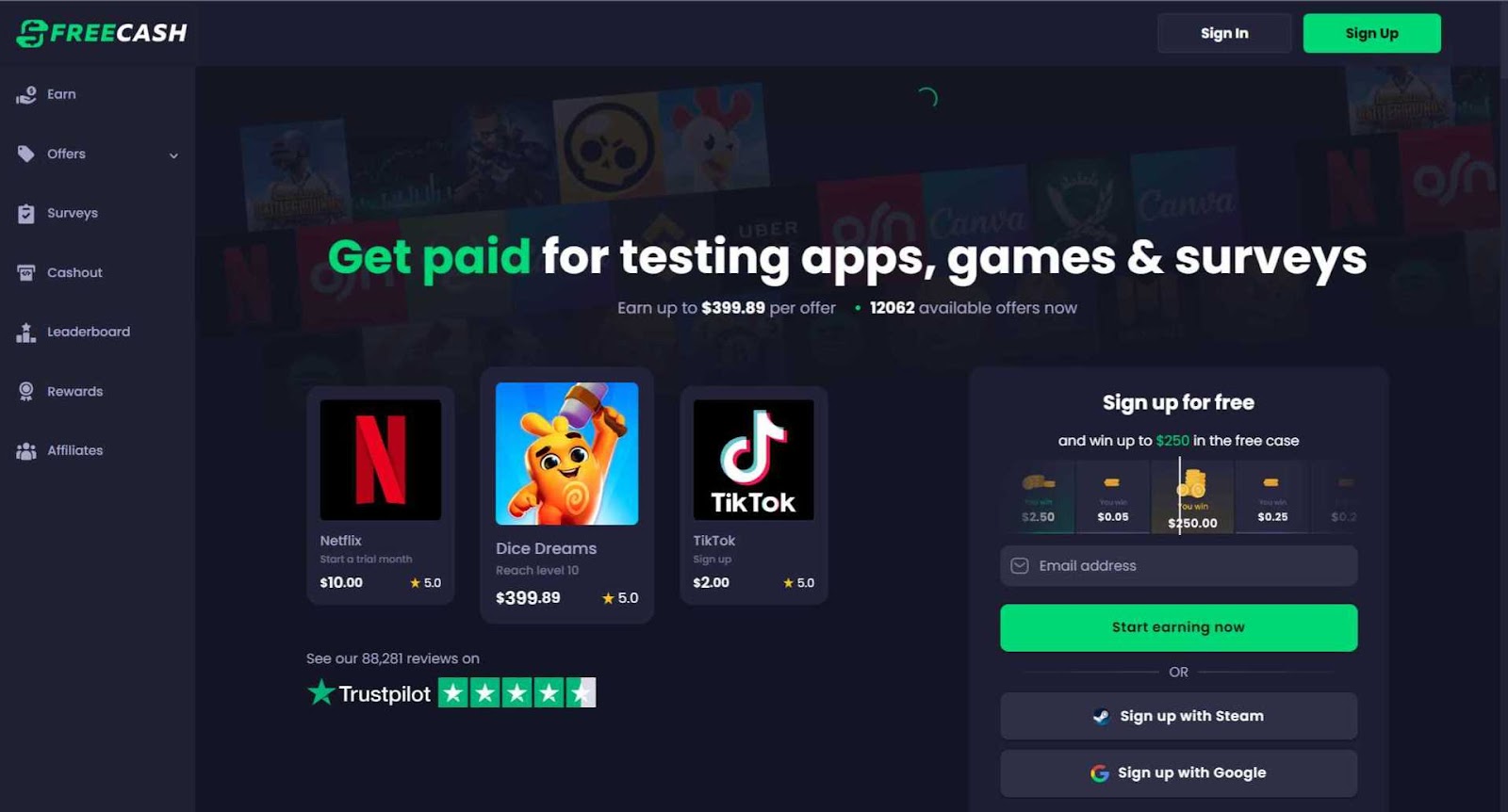 The Freecash website offering to pay users for testing apps, playing games, and taking surveys. 