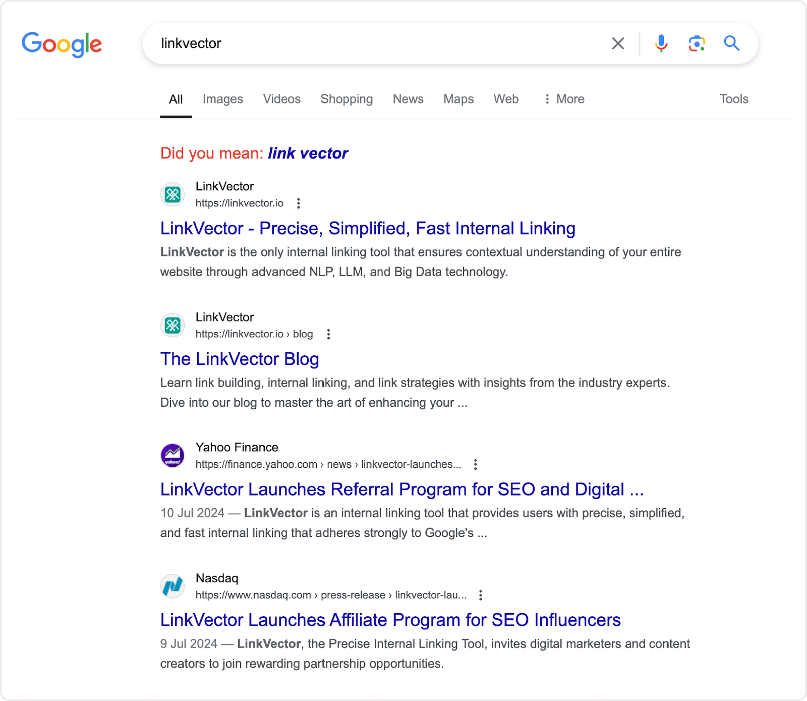 Screenshot of Google search results for 'LinkVector.'