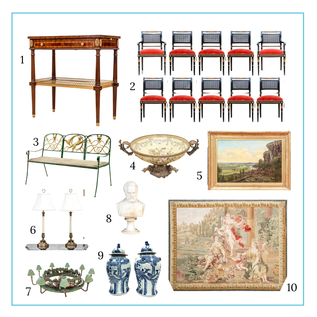 Caley's curation includes end table, dinning chairs, bench, centerpiece bowl, painting, table lamps, chandelier, marble bust, blue and white jars, and tapestry