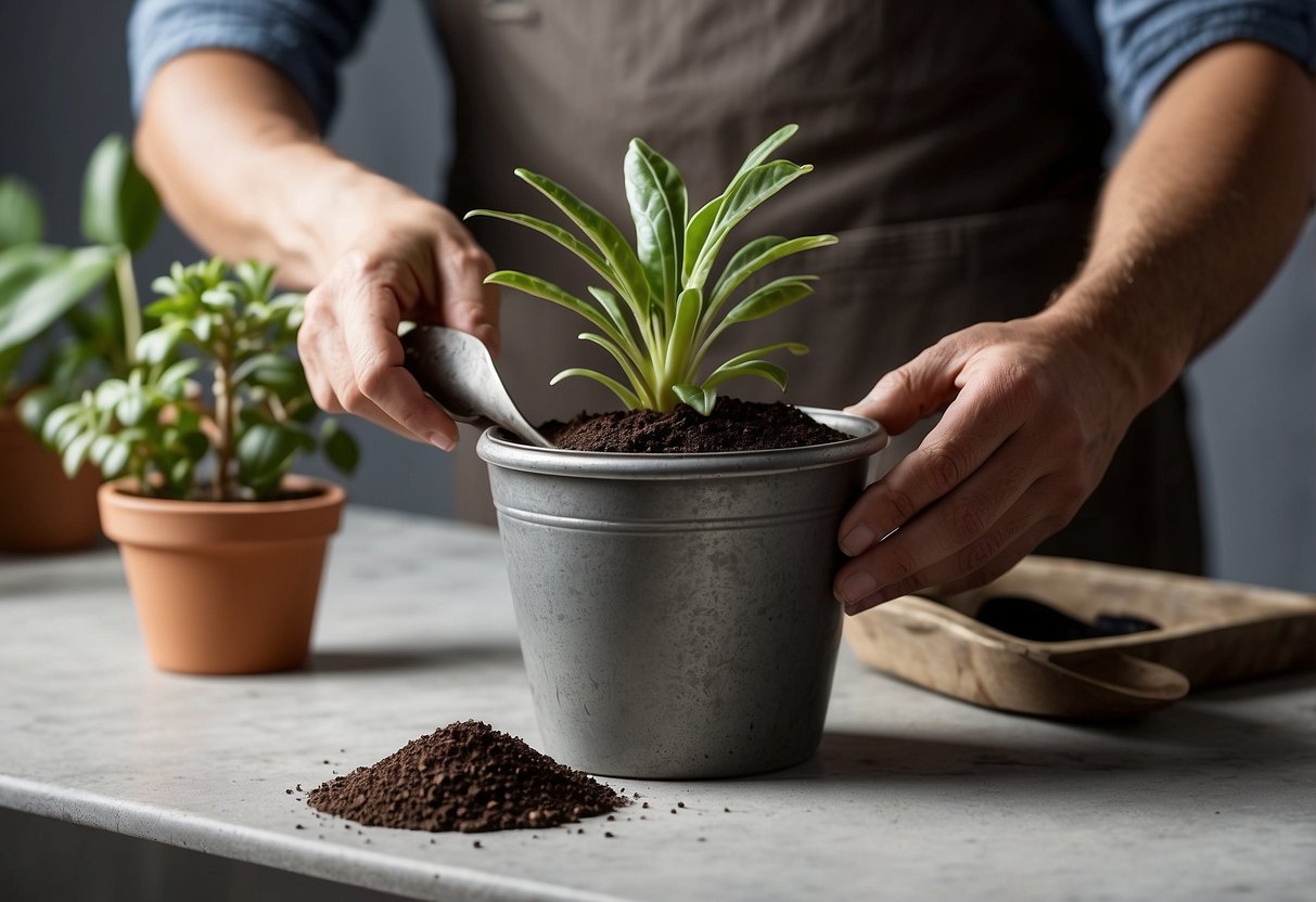 A hand holds a trowel, a bag of potting soil, and a potted houseplant. A repotting process is depicted, with the plant being removed from its old pot, roots being loosened, and then placed into a