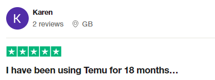 Temu website reviews from user Karen