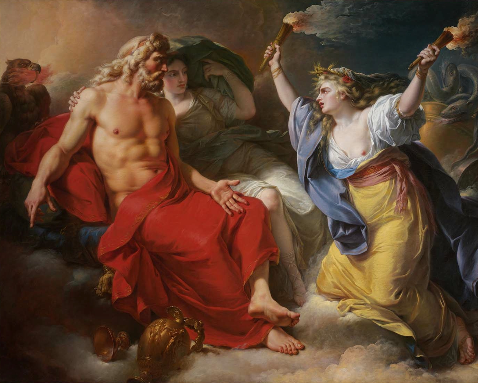 On the right stands Ceres, the mother of Proserpina, attired in a dress and robe, while on the left is Jupiter, garbed in a red robe.