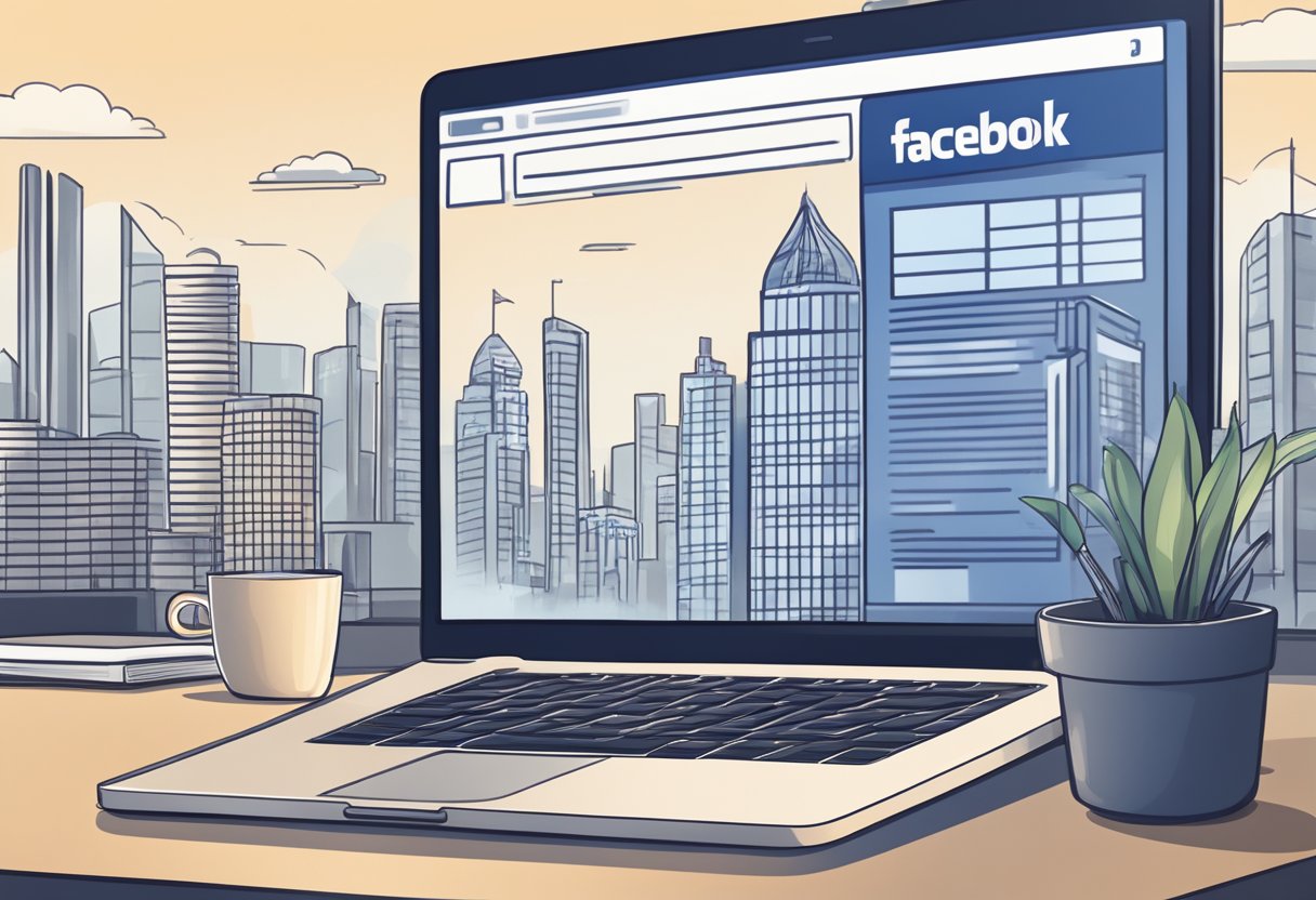 A laptop displaying a Facebook page with real estate FAQs. A hand holding a pen ready to take notes. A modern office setting with a city skyline in the background