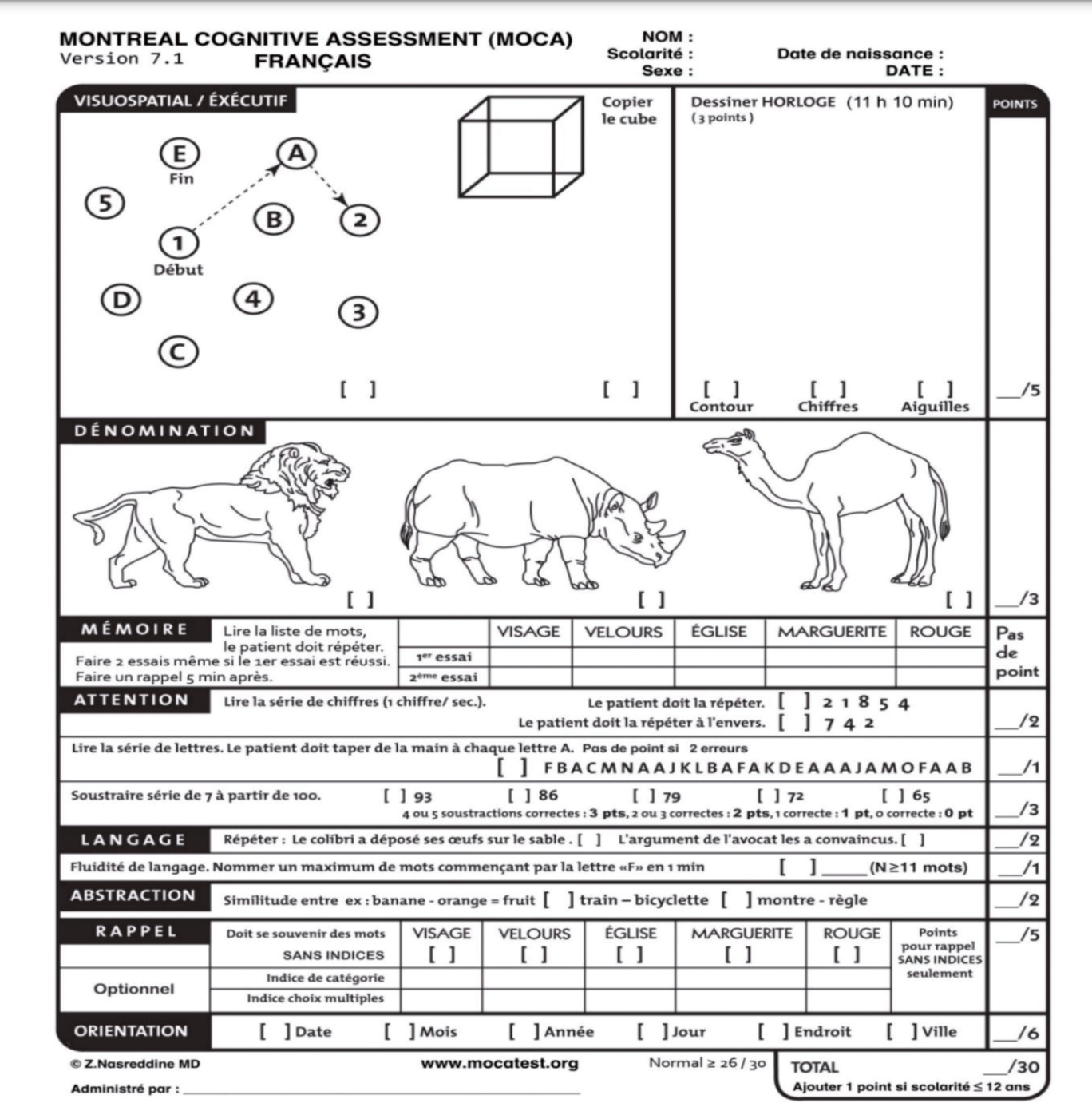 version papier du test cognitif MoCA