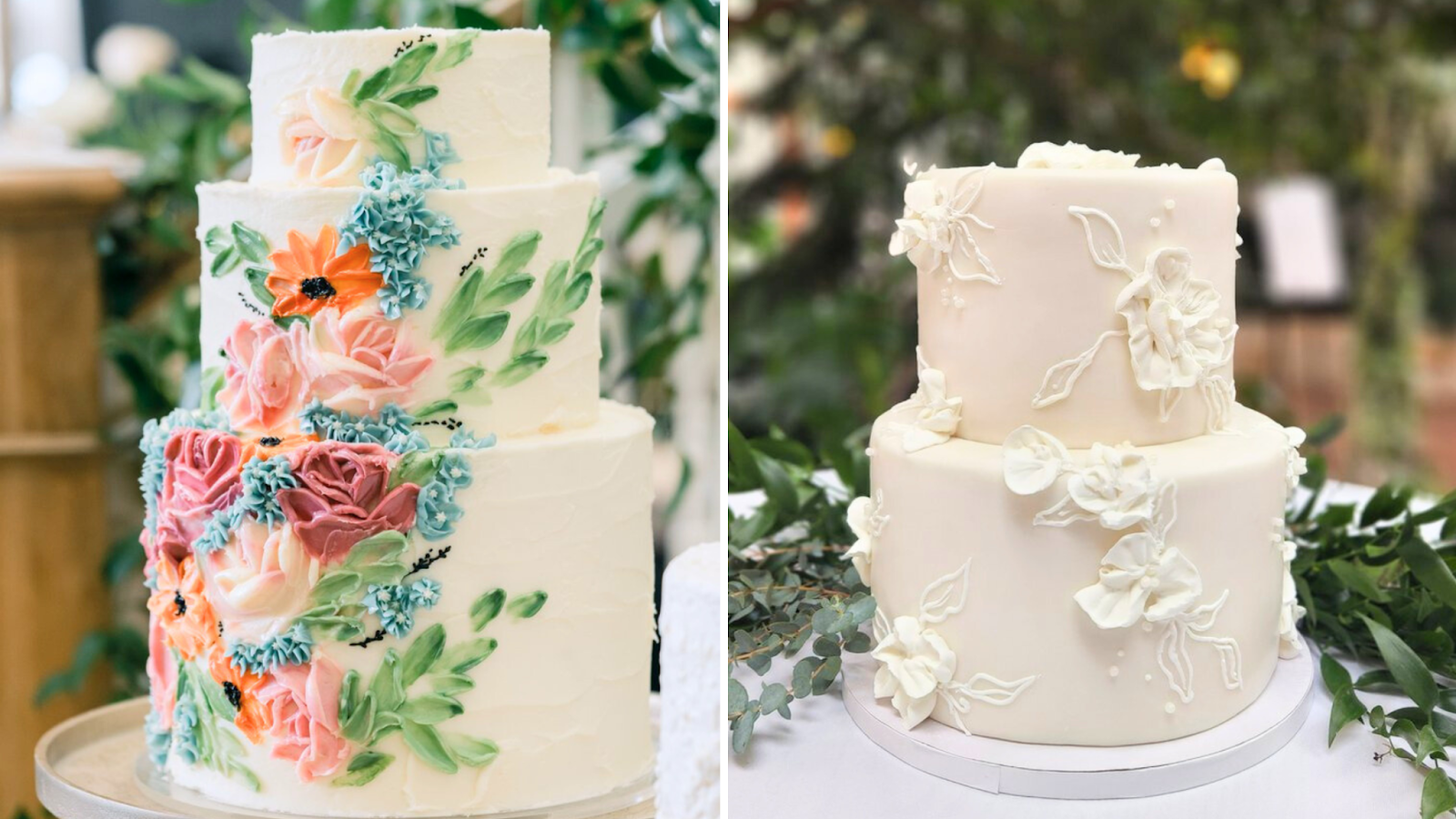 Two florally decorated white wedding cakes designed by Cake by Alessandra.