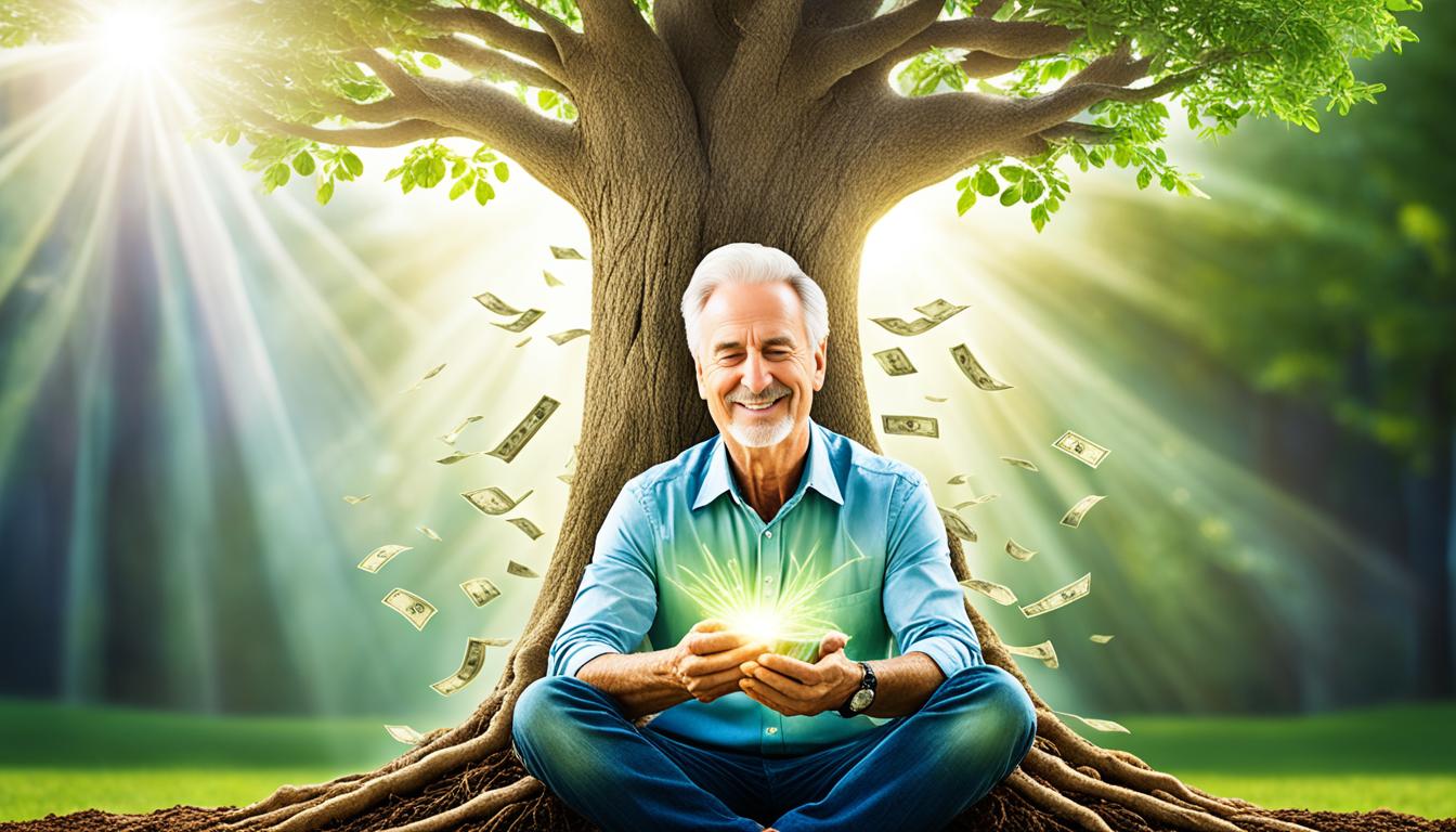 An image of a tree growing money with roots firmly planted in the ground, surrounded by a glowing aura. In front of the tree, a person sits with their eyes closed, hands placed on their lap, appearing calm and focused. Above them is a beam of white light shining down from the sky. The overall atmosphere should be serene and abundant.