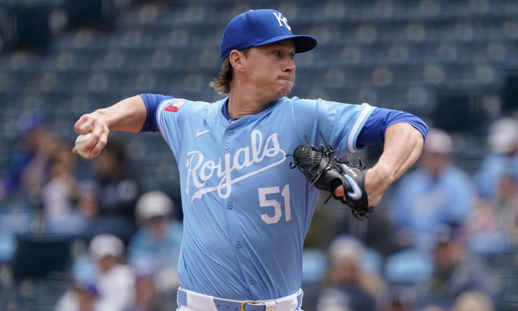 Brady Singer of the Kansas City Royals throws in the first inning against the Houston Astros at Kauffman Stadium in April.