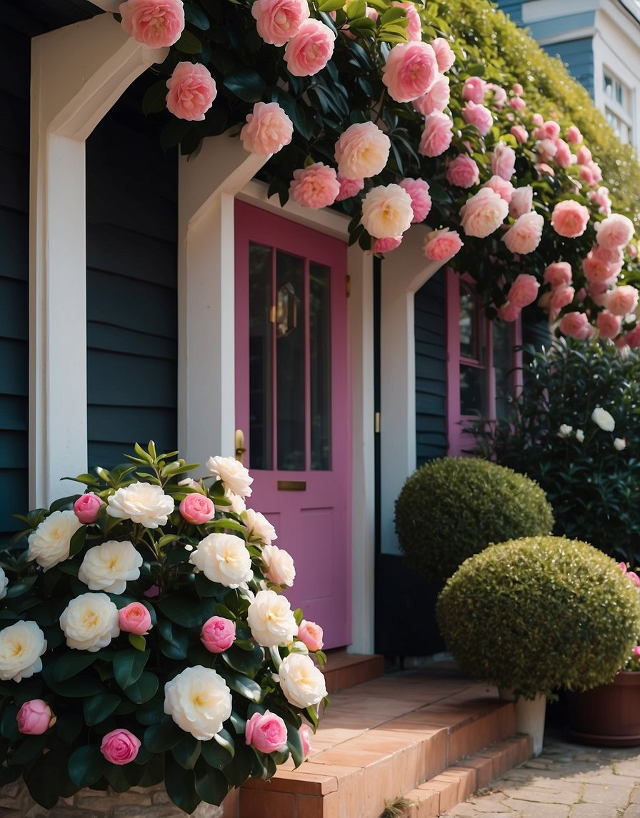 A row of 21 camellia bushes lines the front of a quaint house, with vibrant pink and white blooms in full bloom