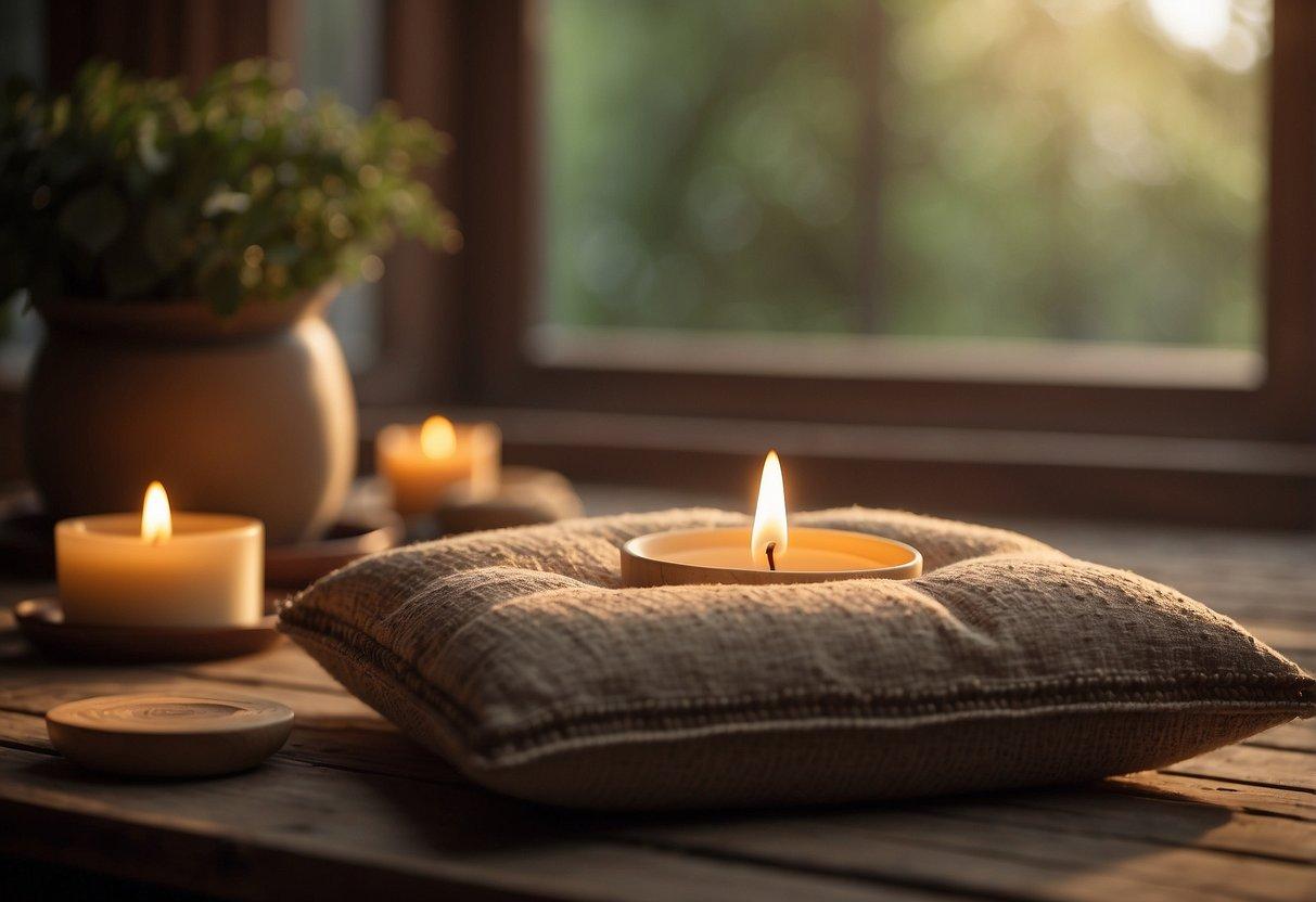 A serene setting with a cushion on the floor, surrounded by candles and incense. A gentle stream of sunlight filters in, creating a peaceful and calming atmosphere for mindfulness meditation