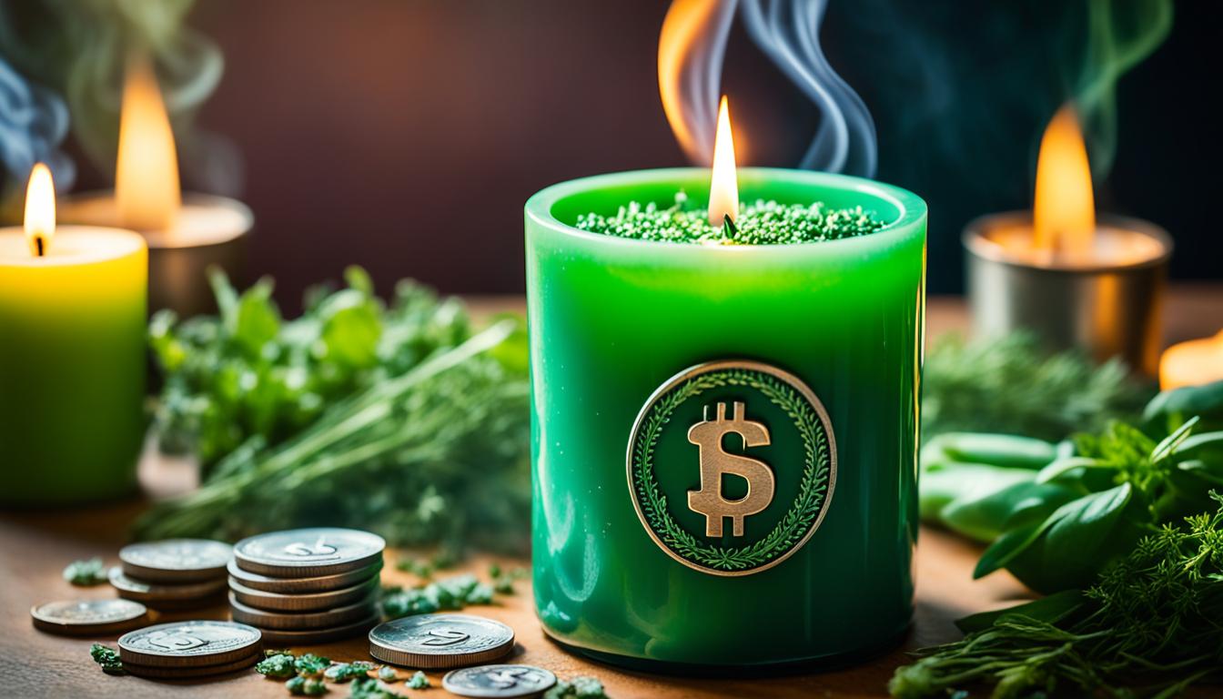 A close-up of a green candle with dollar signs and coins carved into its wax, sitting on a bed of green herbs and crystals. The flame flickers as a hand reaches out to light the wick with a wooden match. In the background, blurred hands sprinkle more herbs onto the altar. The smoke from incense spirals up towards the ceiling, creating an ethereal atmosphere.