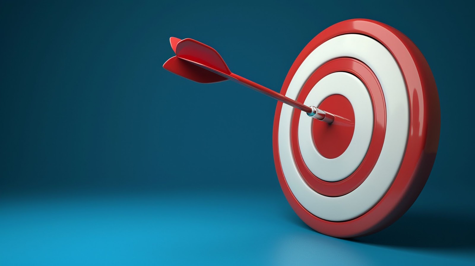 A 3D rendering of a red and white bullseye target is shown against a gradient blue background. An arrow is perfectly embedded in the center of the target, symbolizing precision and accuracy, the basic characteristic of the best marketing agency in Kochi