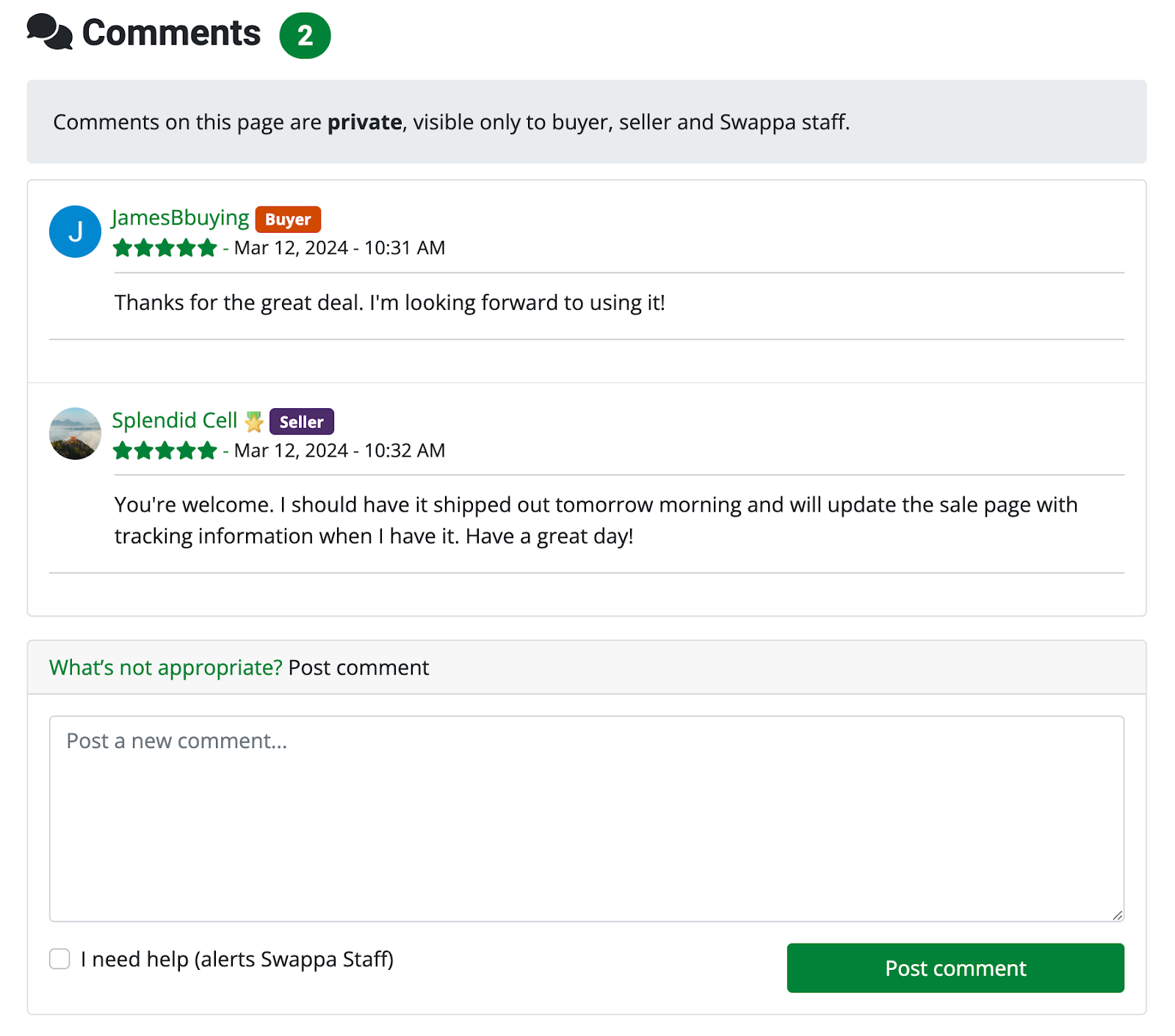 Swappa sale page comments