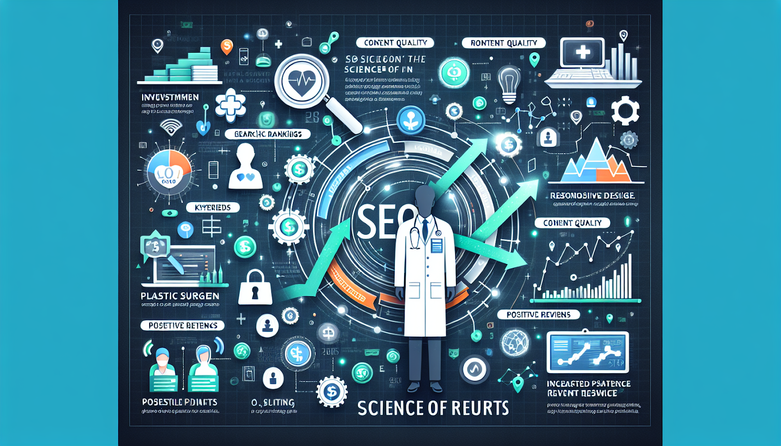 Generate an image representing an infographic style design for a webpage on 'Plastic Surgeon SEO: The Science Behind It'. It should depict a digital context, with symbols of the internet and healthcare intermixed. Show SEO's importance for plastic surgeons visually, with graphics of search rankings and a flow of potential patients towards a symbolic representation of a plastic surgeon's online presence. Illustrate successful SEO tactics, including keywords, content quality, responsive design, and positive reviews, as key elements reaching from the surgeon towards the patient base. Also, try to visual representation of 'investment' leading to 'returns' shown as increased visibility, patients, and revenue.