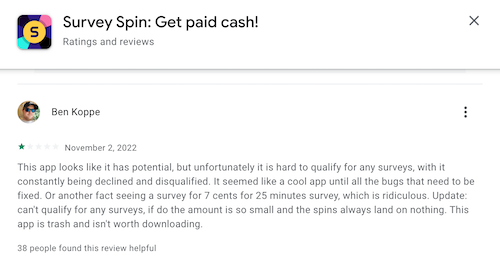 A 1-star Survey Spin review from a user frustrated with being disqualified too often and with low-paying surveys. 