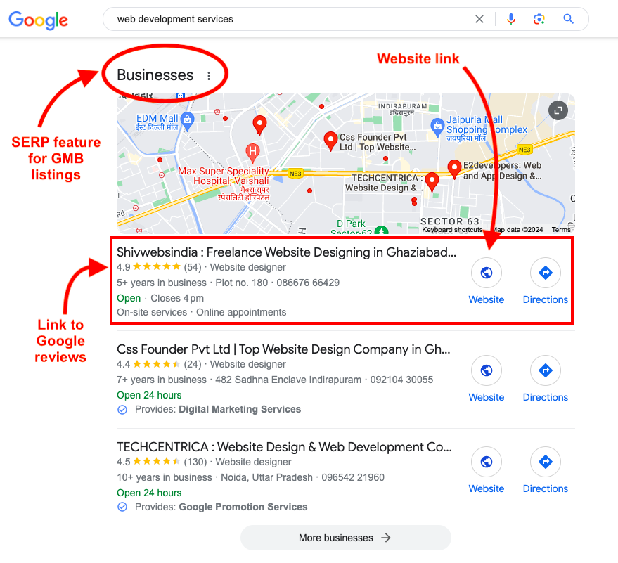 An example of “Businesses” SERP feature 
