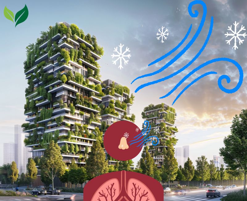 Drawing of human lungs in front of a green building.