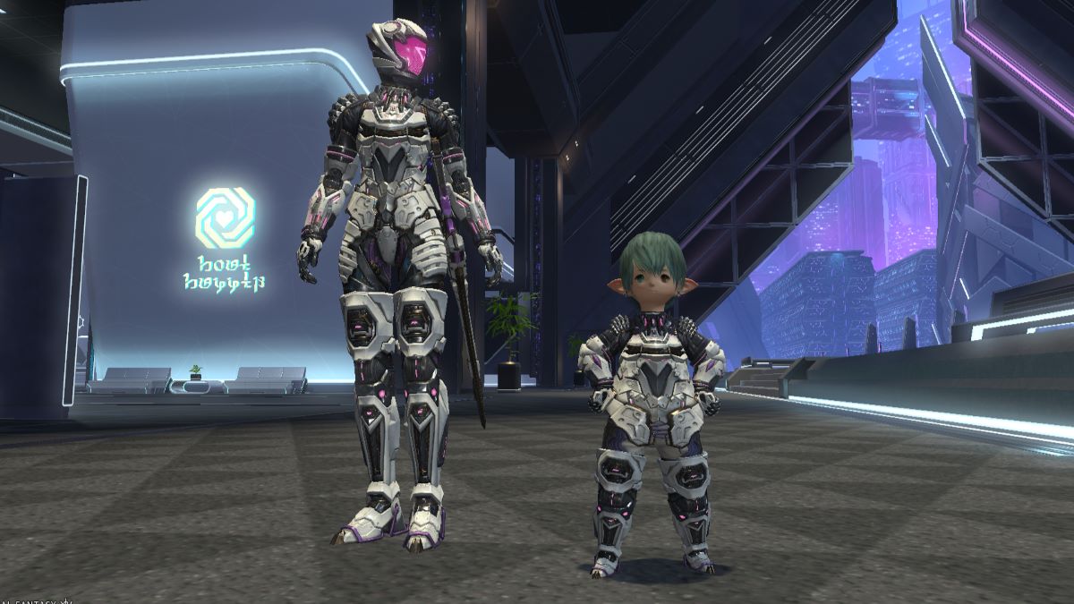 Pemain dan NPC mengenakan perlengkapan penjara bawah tanah Vanguard yang diatur di Final Fantasy XIV Dawntrail