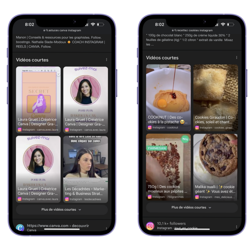 Capture d'écran d'une recherche de reel Instagram par mots clés, démontrant la puissance d'un bon référencement SEO Instagram.