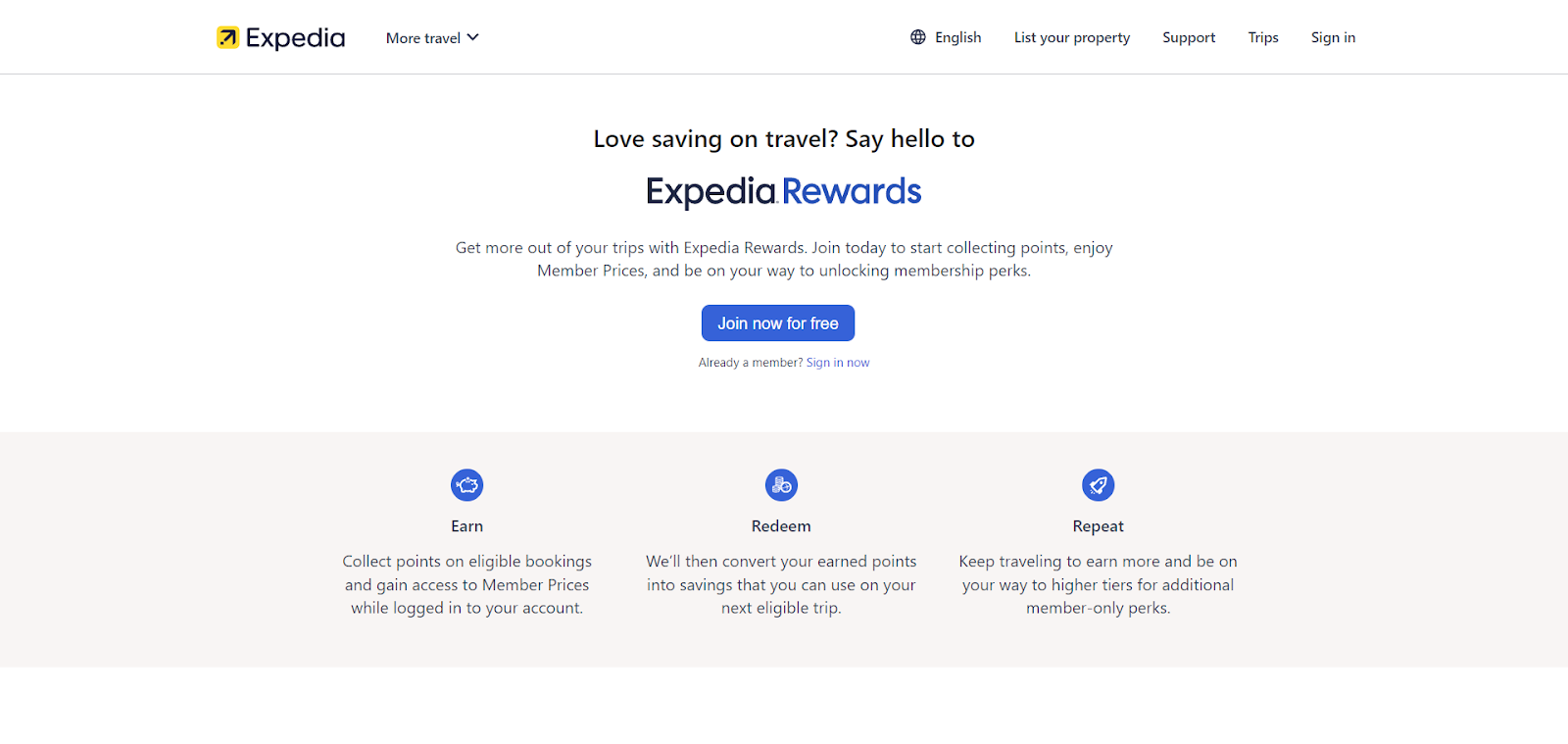 A screenshot of Expedia: Expedia Rewards' website