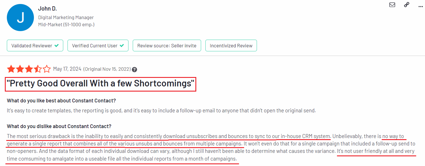 2. Constant Contact review from the customer.