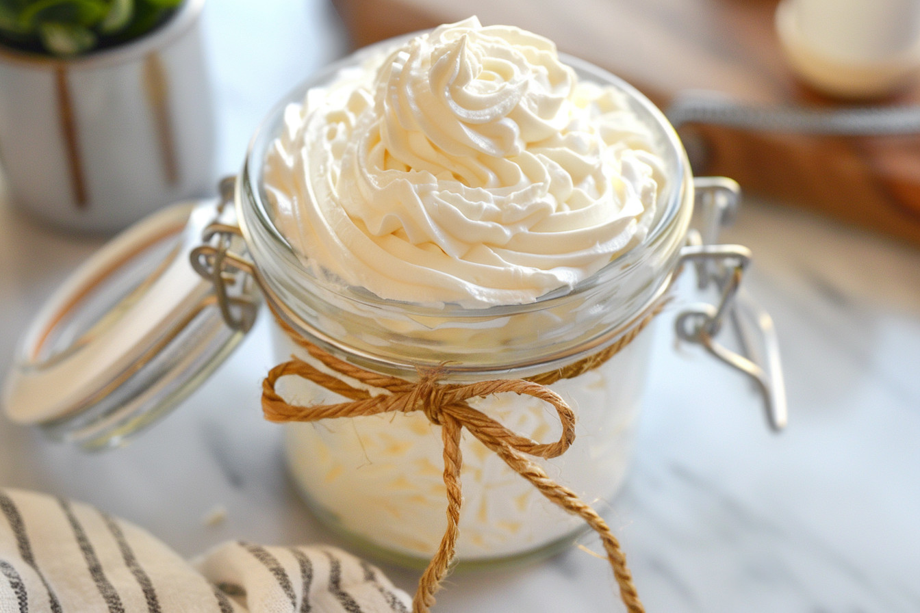 Luxurious homemade body butter in a glass jar.